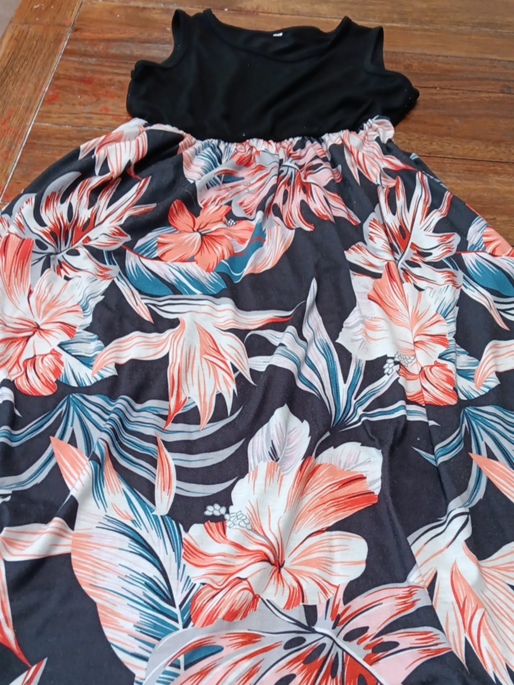 Girls Black Top Floral Maxi Dress with Coral & Teal Print